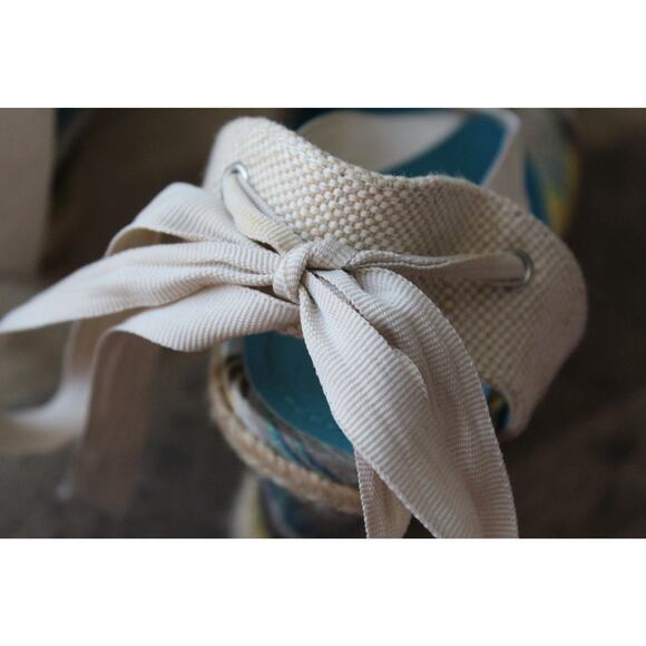 Bamboo Dorine 03 Teal Ikat Ankle Ribbon Espadrille Wedges Size 9 - Picture 8 of 8